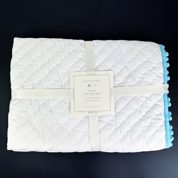 NEW Pottery Barn Kids Baby POM POM Organic QUILT Blanket Toddler White Blue - Picture 1 of 11